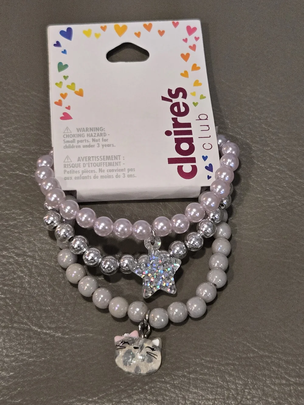 Claire's Pastel Pink and Silver Beaded Bracelet Set with Star & Cat Charms